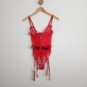Yandy Red Eyelash Lace Teddy Bodysuit | Garter Belt Strappy Lingerie Small (A/B)
